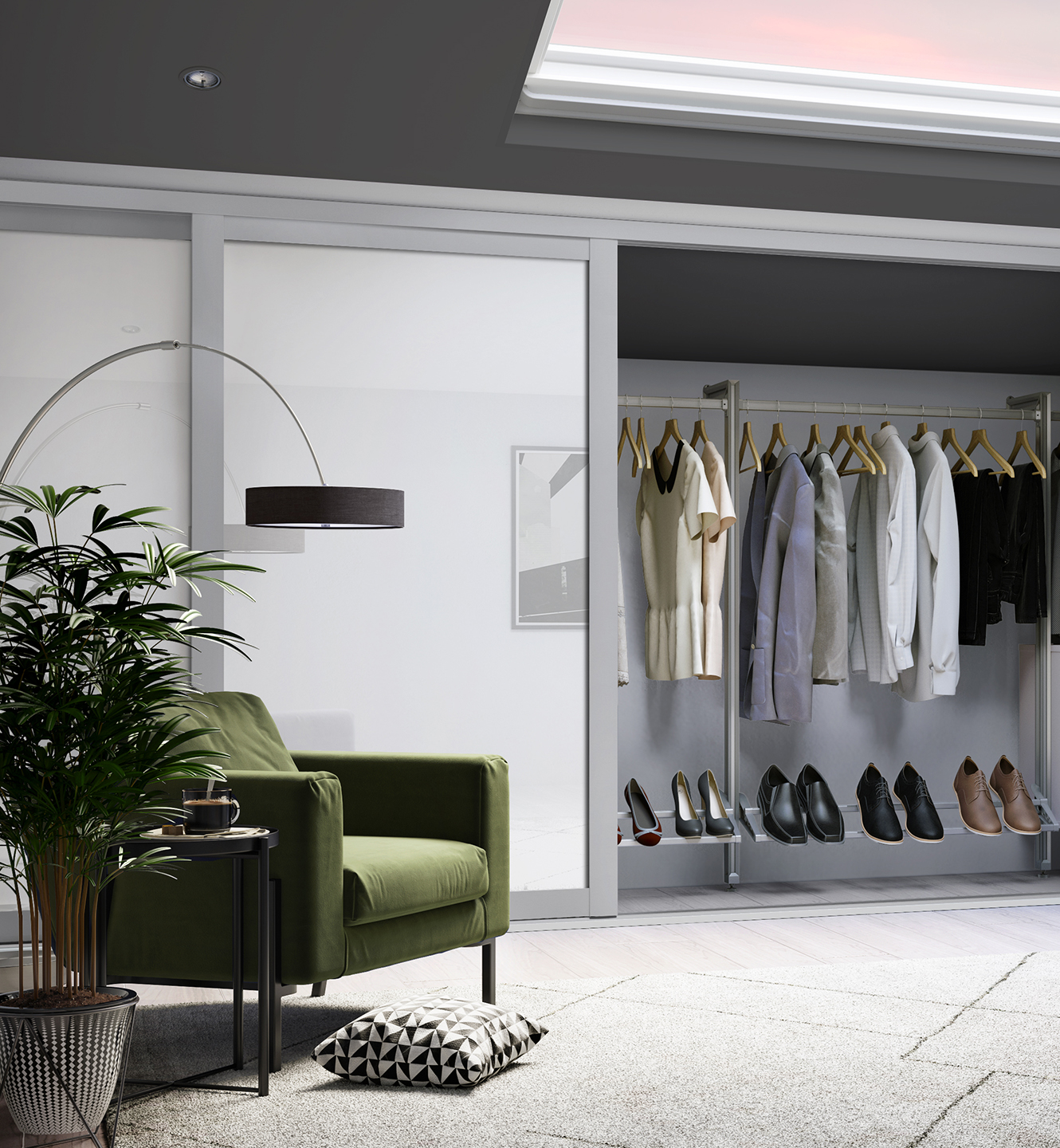 Deluxe Shaker 4D Single Panel Pure White Glass Dove Grey Frame Loft S14