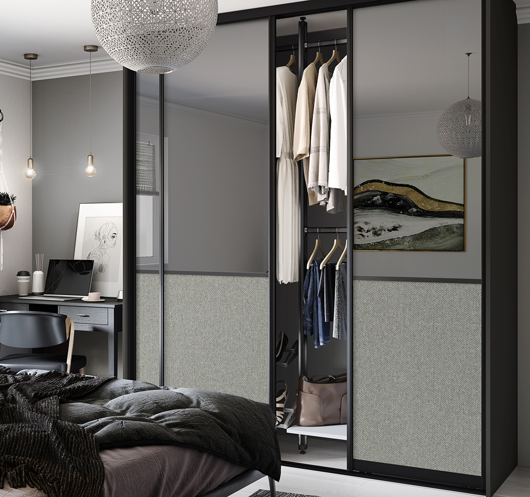 Signature Offset 2 Panel Grey Mirror Charcoal Weave Black Frame Sliding Doors