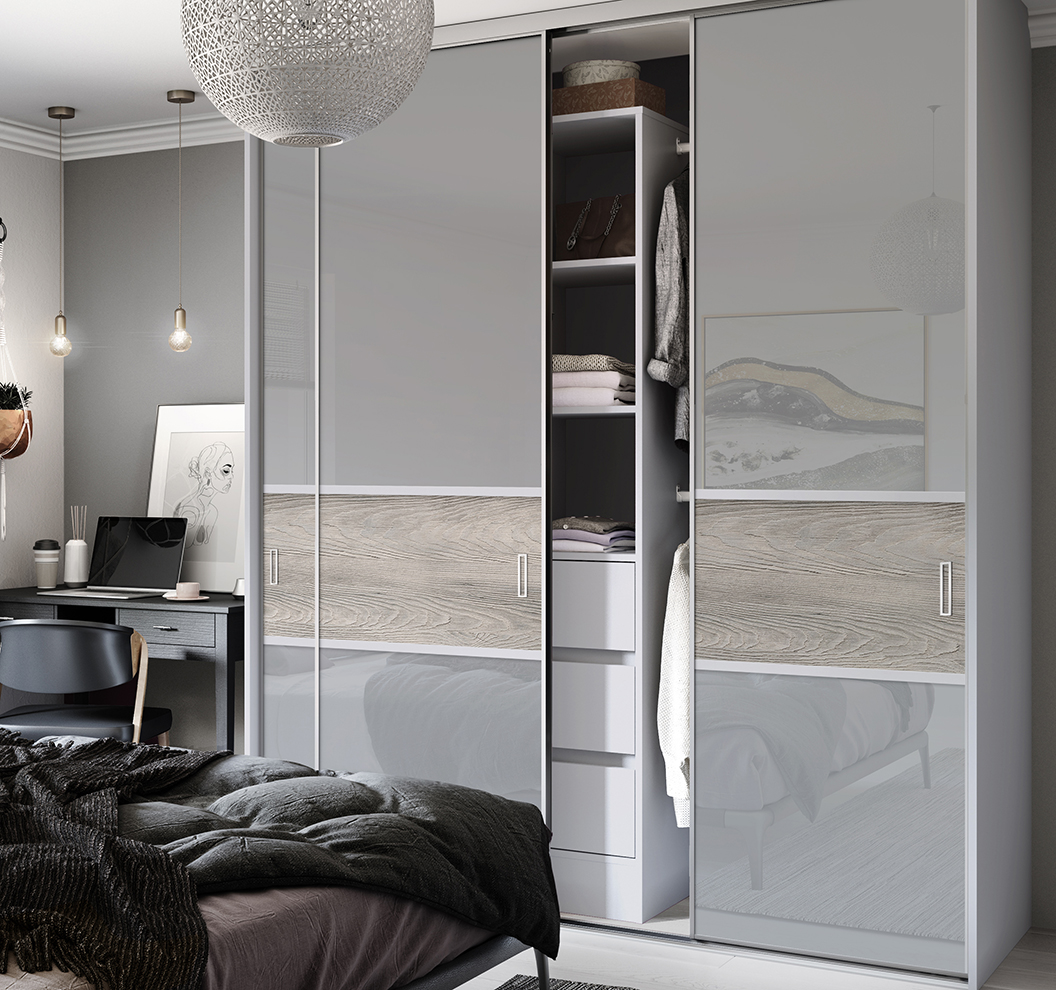  Premium Mini Offset Fineline Storm Grey Glass Stone Chestnut Dove Grey Frame Sliding Doors