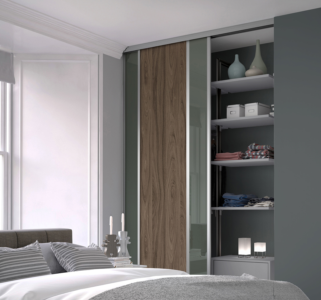 Premium Midi Vertical Split Carini Walnut Sage Glass Silver Frame Sliding Doors