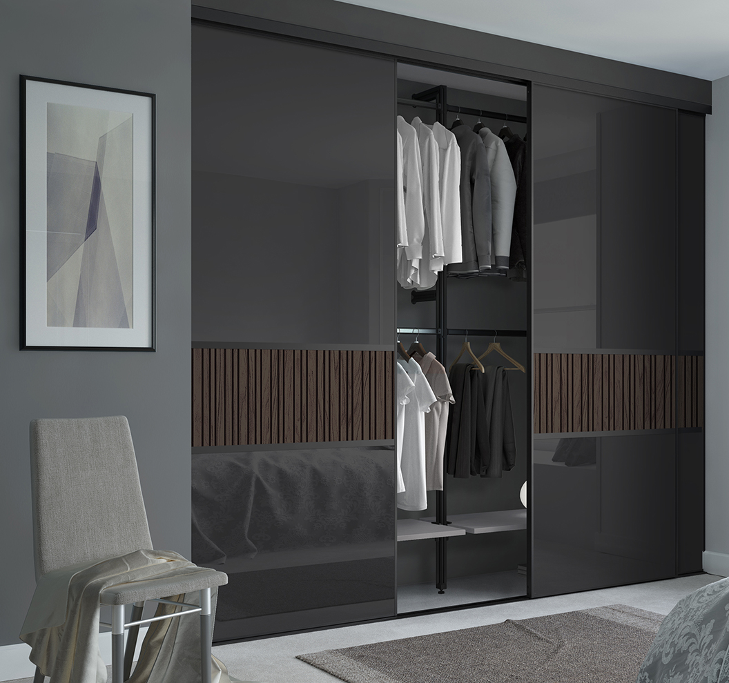 Premium Mini Offset Fineline Dark Grey Glass Dark Striped Black Frame Sliding Doors