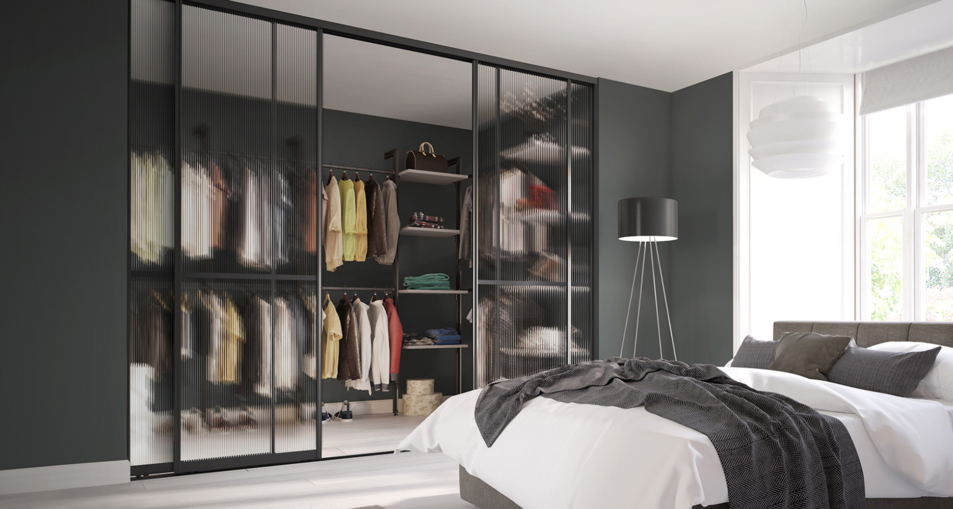 Signature 4D Offset 2 Panel Reeded Glass Matt Black Frame S10 Cropped