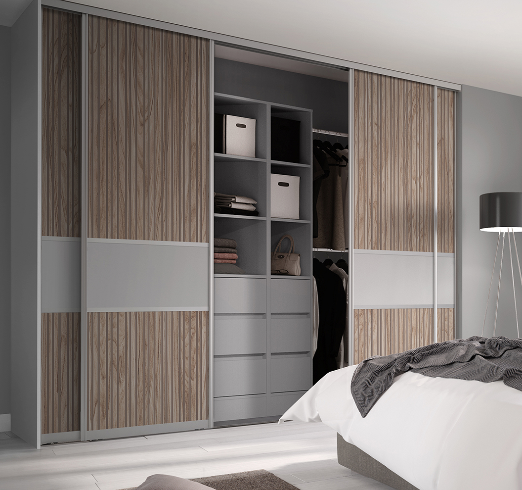 Signature Offset Fineline Light Striped Dove Grey Panel Dove Grey Frame Sliding Doors