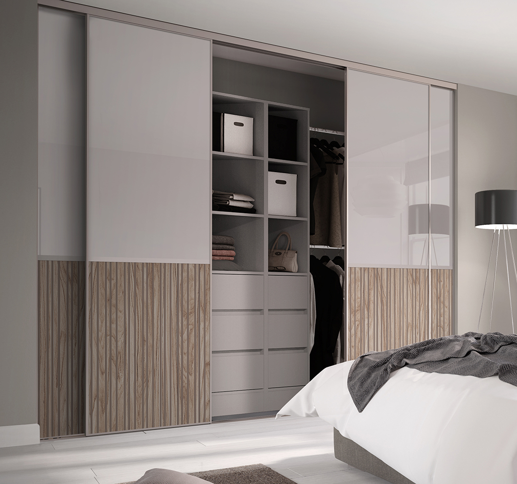 Premium Mini Offset 2 Panel Cashmere Glass Light Striped Cashmere Frame Sliding Doors