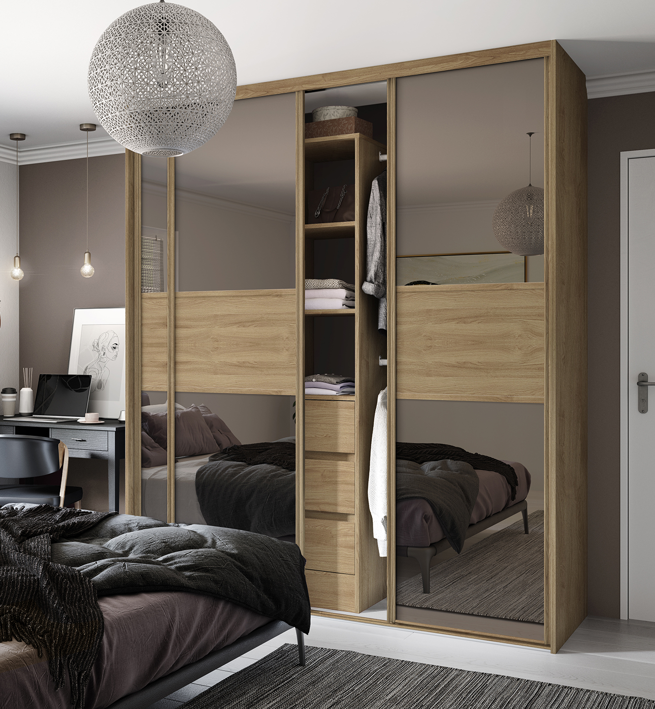 Classic 3D Fineline Bronze Mirror Oak Oak Frame End Panel S15