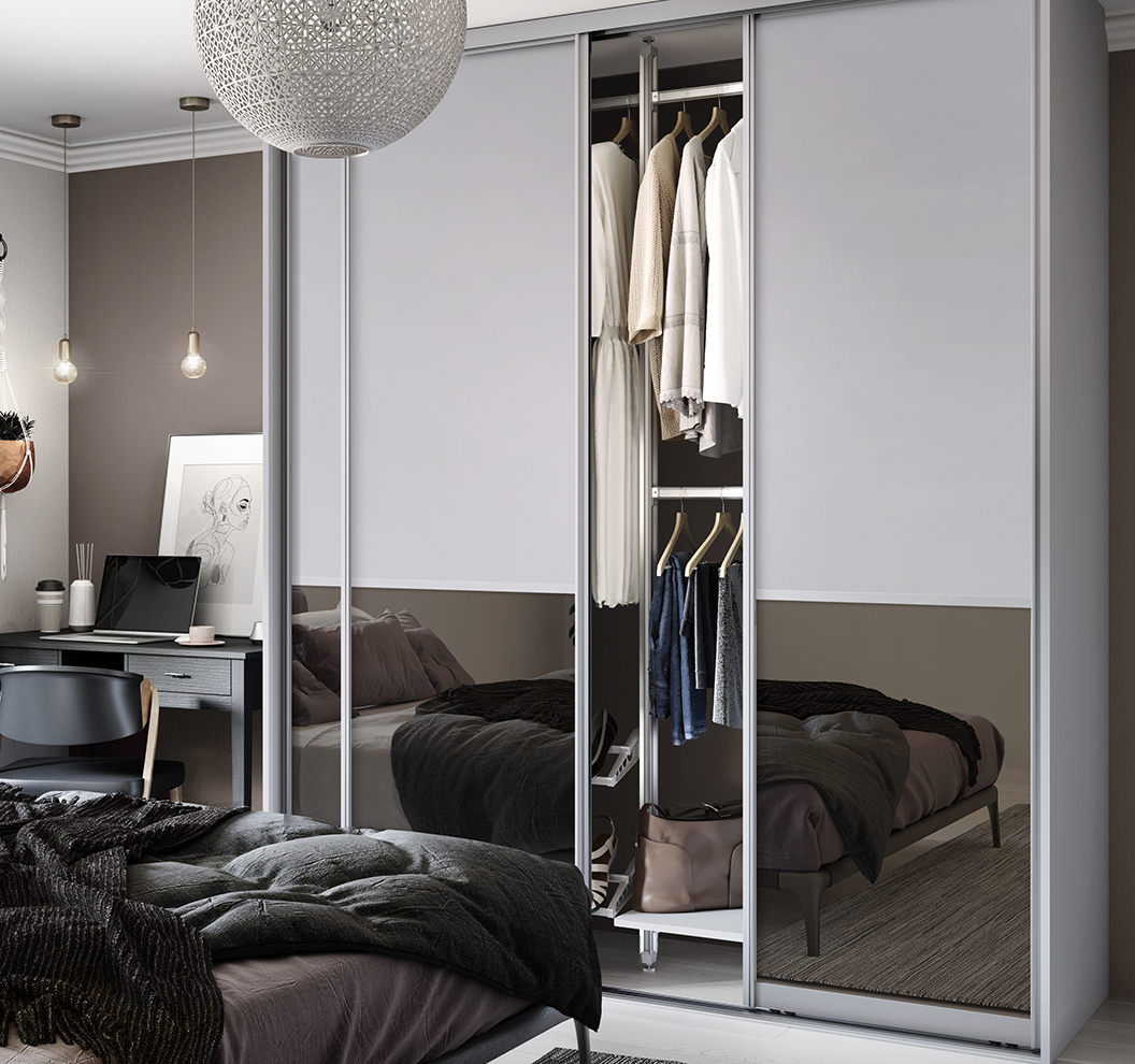 Signature Offset 2 Panel Dove Grey Panel Bronze Mirror Dove Grey Frame Sliding Doors