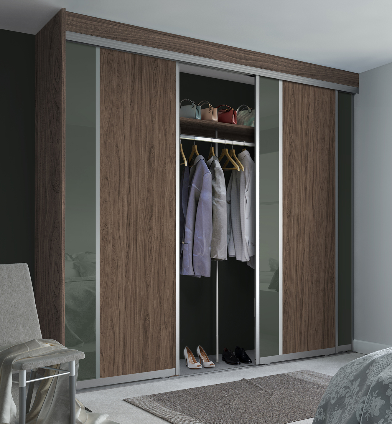 Premium Midi 3D Vertical Split Carini Walnut Sage Glass Silver Frame End Panel S9