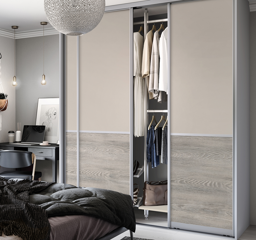 Signature Offset 2 Panel Taupe Panel Stone Chestnut Dove Grey Frame Sliding Doors