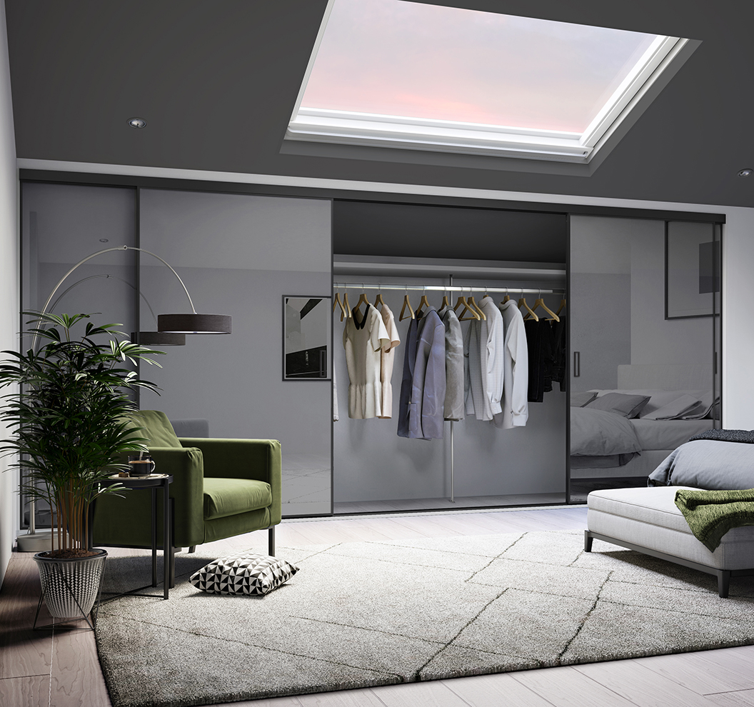 Premium Mini Single Panel Grey Mirror Black Frame Sliding Doors