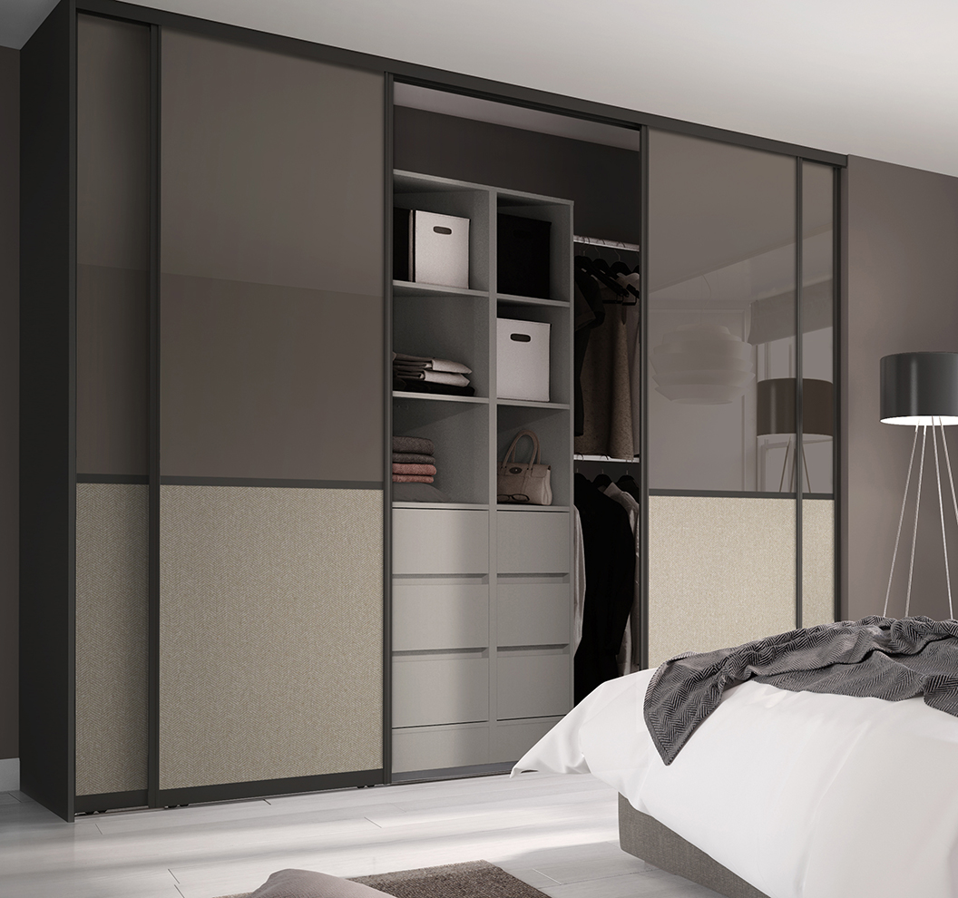 Signature Offset 2 Panel Bronze Mirror Beige Weave Black Frame Sliding Doors