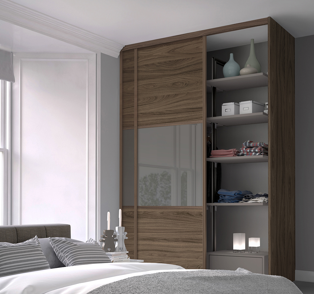 Classic 3P Carini Walnut Mid Brown Glass Carini Walnut Frame Sliding Wardrobes